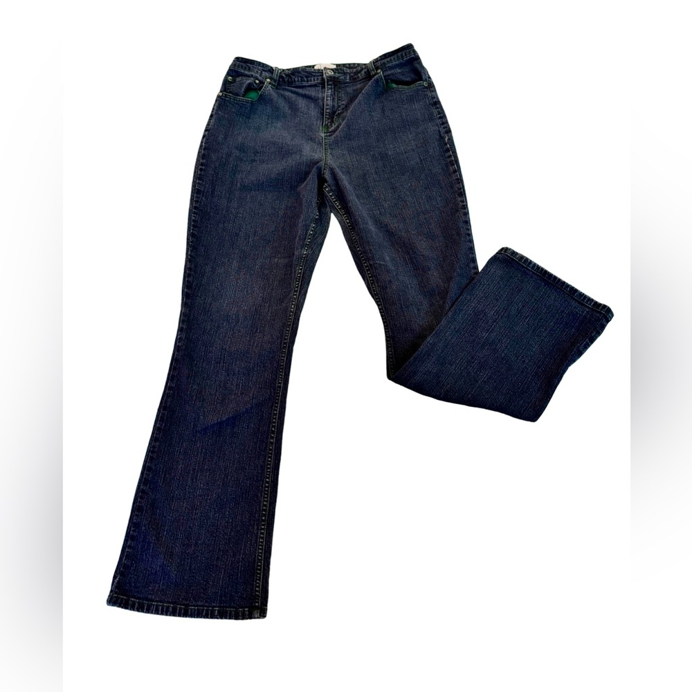 D&Co Women’s Dark Wash BootCut Stretch Waist Jeans with Green Stitching Size M